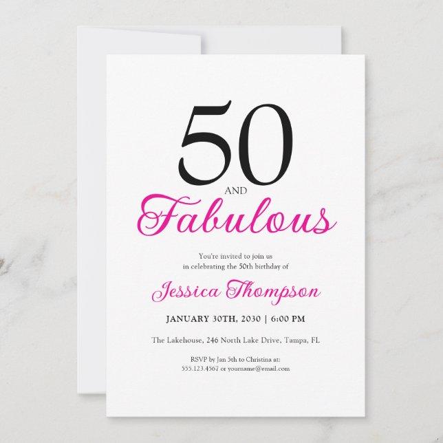 Invitation Fifty and Fabulous Pink Script 50th Birthday (Devant)