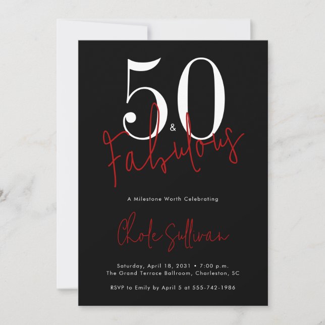Invitation Fifty and Fabulous Red Black 50th Birthday Party (Devant)