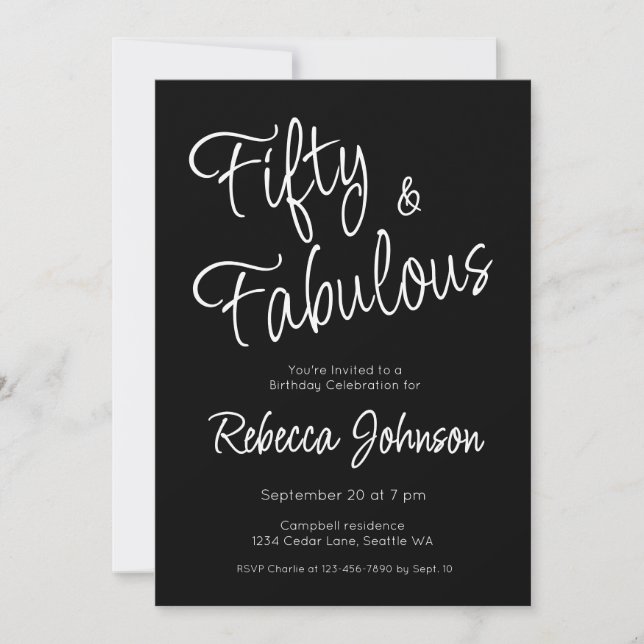 Invitation Fifty and Fabulous Script Black 50th Birthday (Devant)