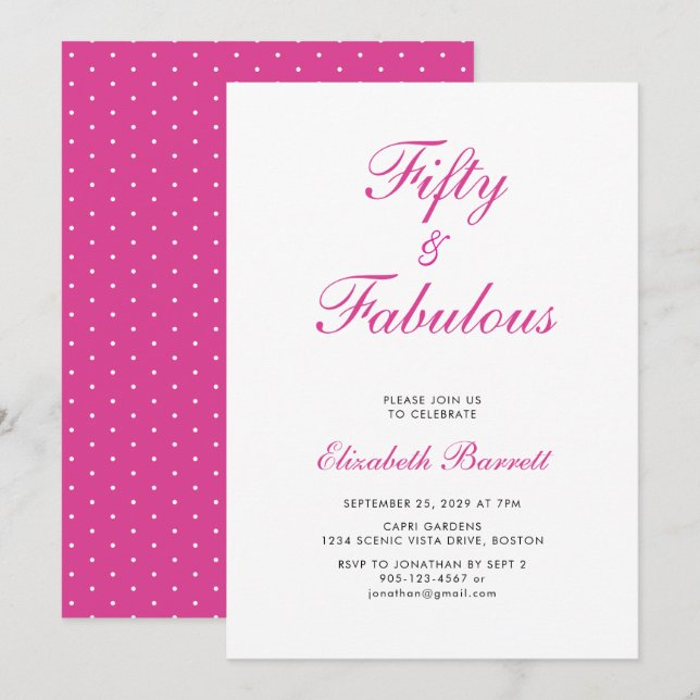 Invitation Fifty and Fabulous Script Pink 50th Birthday Party (Devant / Derrière)