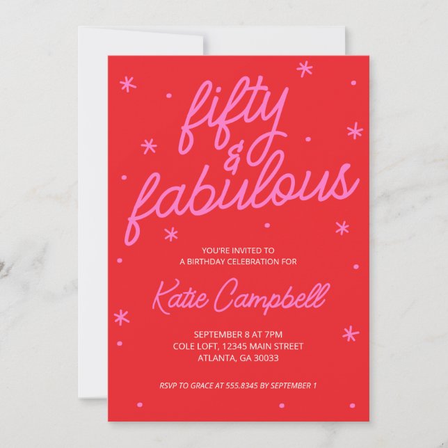 Invitation Fifty and Fabulous Script Pink Red 50th Birthday (Devant)