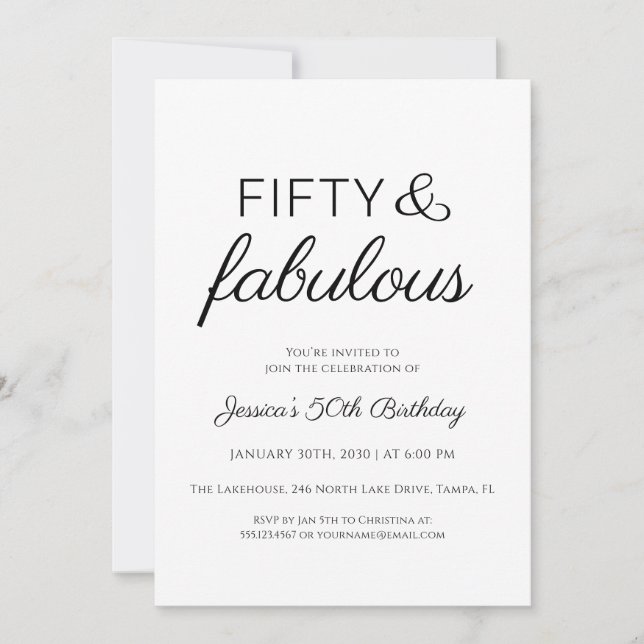 Invitation Fifty and Fabulous Script Text 50th Birthday Party (Devant)