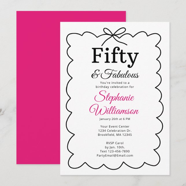 Invitation Fifty and Fabulous Whimsical Black and Pink Script (Devant / Derrière)