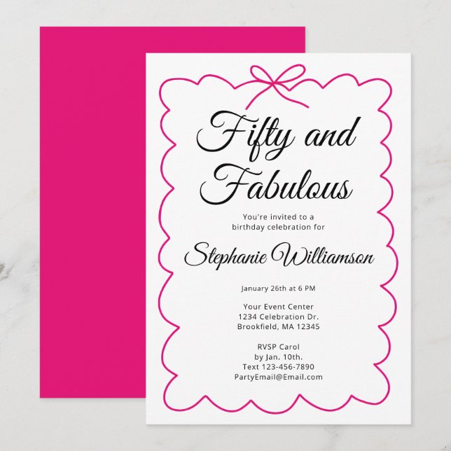 Invitation Fifty and Fabulous Whimsical Pink and Black Script (Devant / Derrière)
