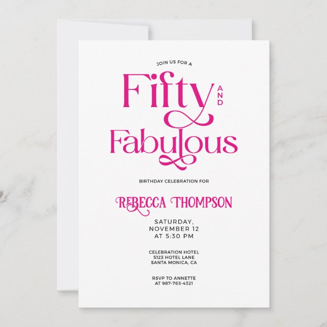 Invitation Fifty Fabulous Hot Pink Script 50th Birthday (Devant)