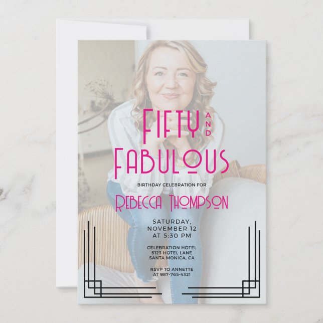 Invitation Fifty Fabulous Photo Pink Art Deco 50th Birthday (Devant)