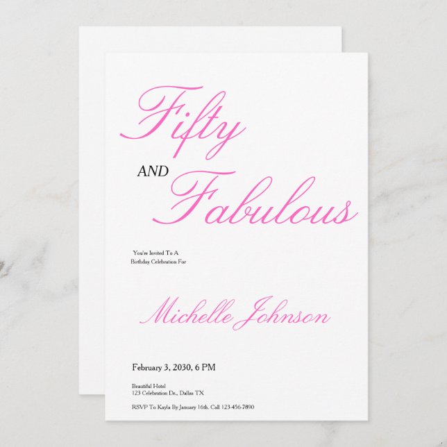 Invitation Fifty & Fabulous Pink 50th Birthday Party (Devant / Derrière)