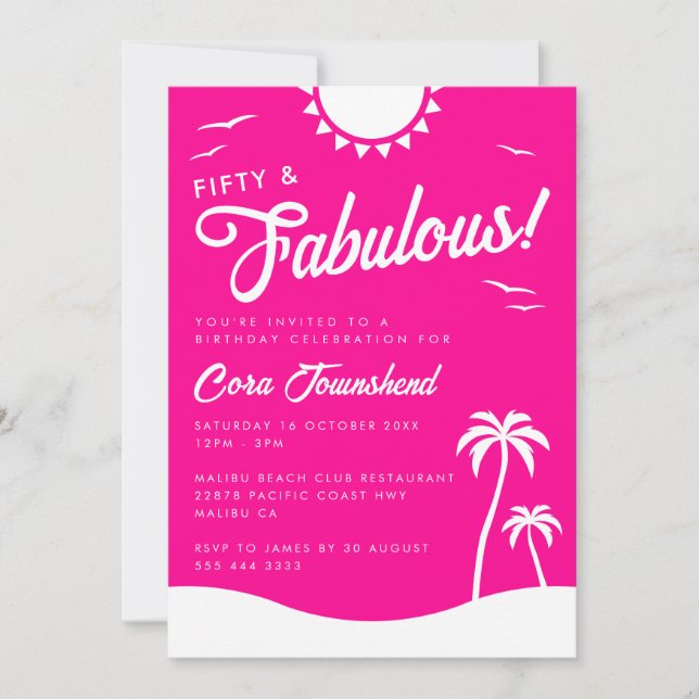 Invitation Fifty & Fabulous Pink Beach 50th Birthday Party (Devant)