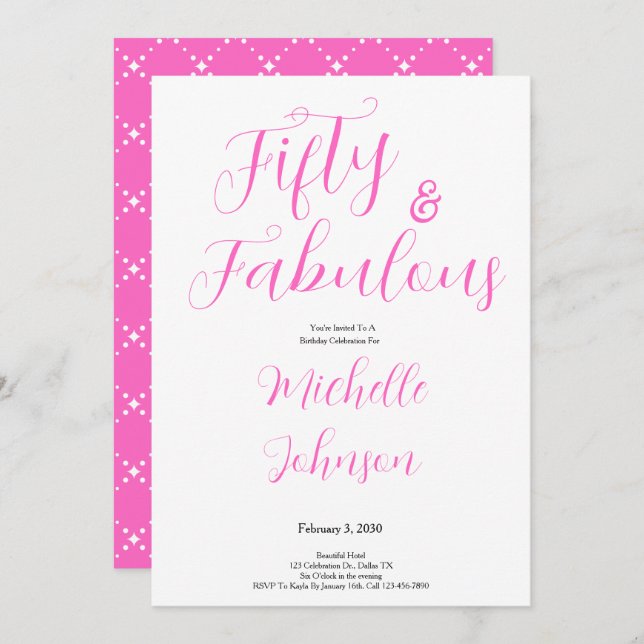 Invitation Fifty & Fabulous Pink Black 50th Birthday Party (Devant / Derrière)