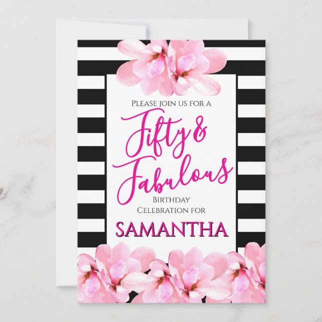 Invitation Fifty & Fabulous Pink Floral Black Stripe Birthday (Devant)