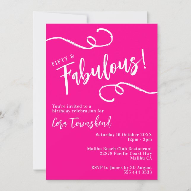 Invitation Fifty & Fabulous Pink Script 50th Birthday Party (Devant)