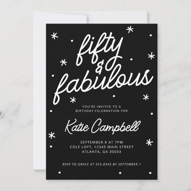 Invitation Fifty Fabulous Script Black White 50th Birthday (Devant)