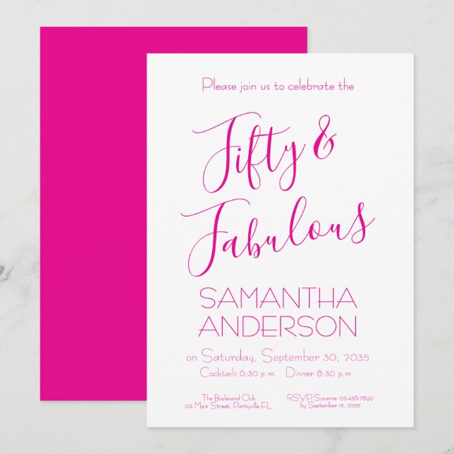 Invitation Fifty Fabulous Script Pink 50th Birthday Party  (Devant / Derrière)