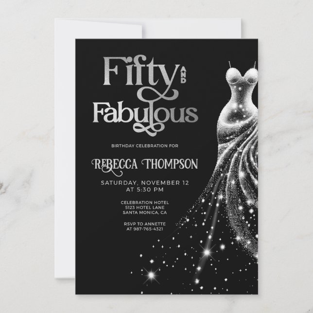Invitation Fifty Fabulous Silver Dress Black 50th Birthday (Devant)