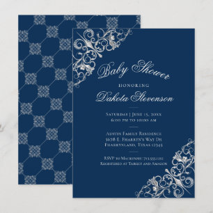Invitation Filigree Art déco   Baby shower bleu Silver Navy