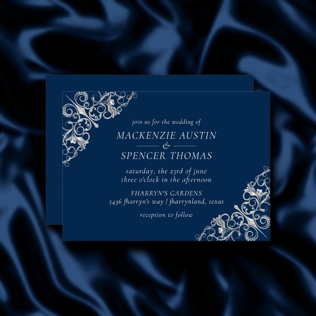 Invitation Filigree Art déco | Mariage bleu marine gris argen (Créateur téléchargé)