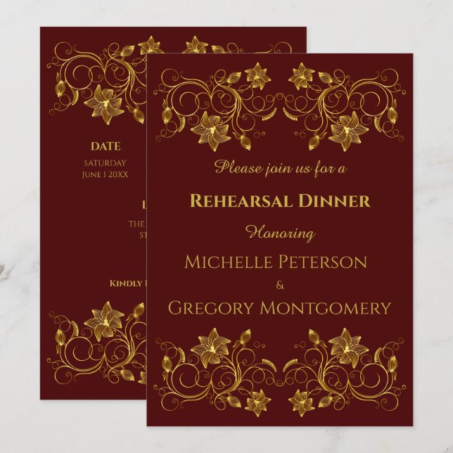 Invitation Filigree d'or jaune sur le dîner de répétition de  (Devant / Derrière)