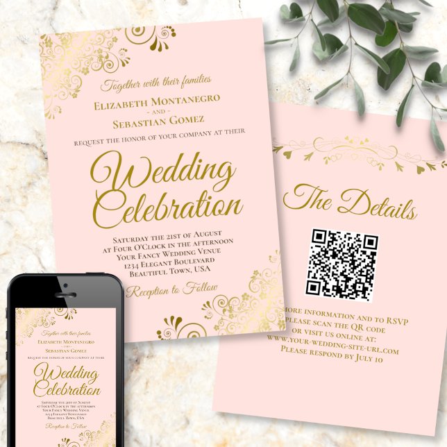 Invitation Filigree or sur Mariage de code QR élégant rose (Créateur téléchargé)