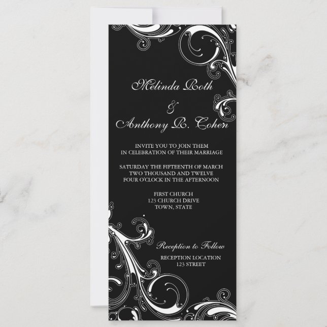 Invitation Filigree Swirl Noir avec blanc 4 x 9,25 Mariage (Devant)