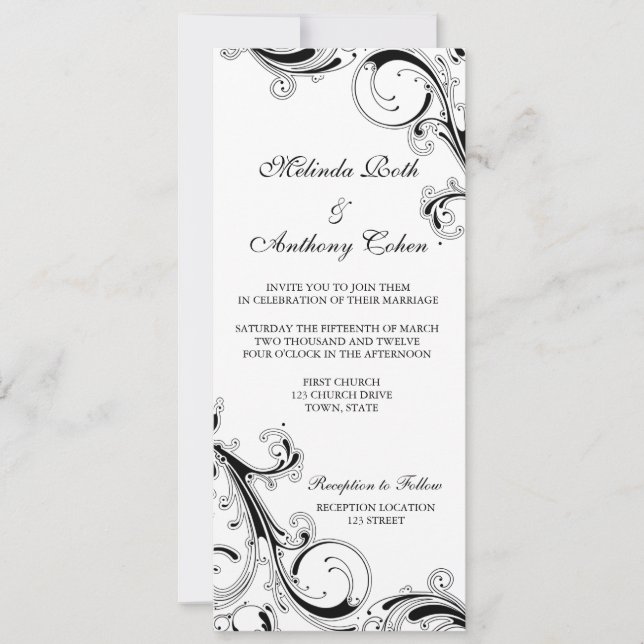 Invitation Filigree Swirl Noir avec blanc 4 x 9,25 Mariage (Devant)