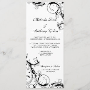 Invitation Filigree Swirl Noir avec blanc 4 x 9,25 Mariage