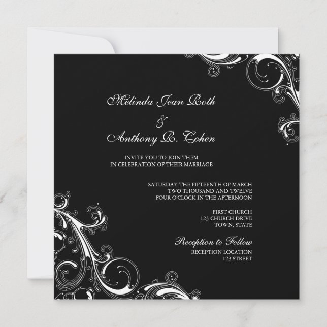 Invitation Filigree Swirl Noir avec Mariage Carré blanc (Devant)