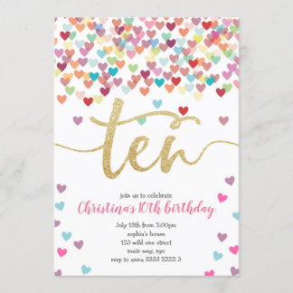 Invitation Fille 10e anniversaire Coeurs Confetti Rainbow Par