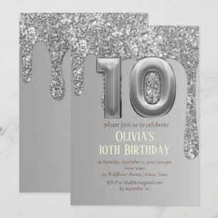 Invitation Fille 10ème anniversaire pailleté argenté Glam Dri
