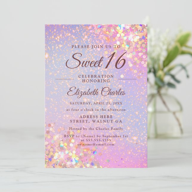 Invitation Fille 16 Ans Anniversaire Rose Gold Paillettes Mod (Debout devant)