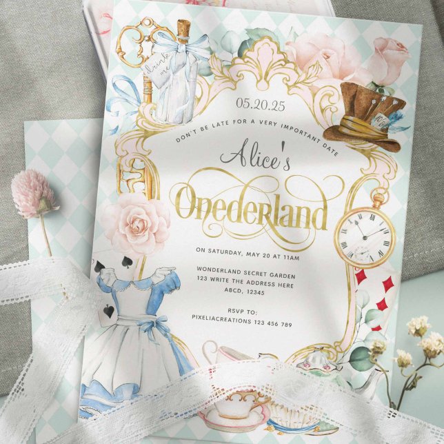 Invitation Fille 1er anniversaire Alice's Onederland Tea part (Pastel Teal, Alice in wonderland , Girl 1st birthday invitations.)