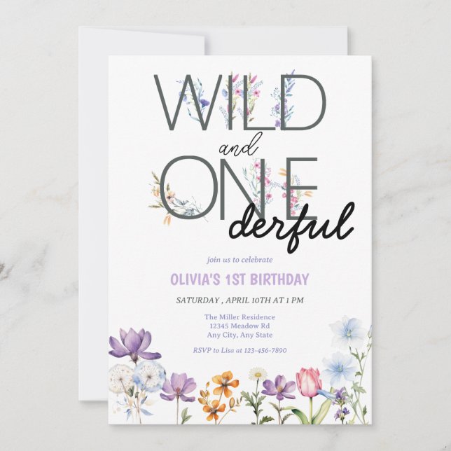 Invitation Fille 1er anniversaire | Anniversaire Fleur sauvag (Devant)