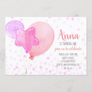Invitation Fille 1er anniversaire Ballons Confetti Pink Party