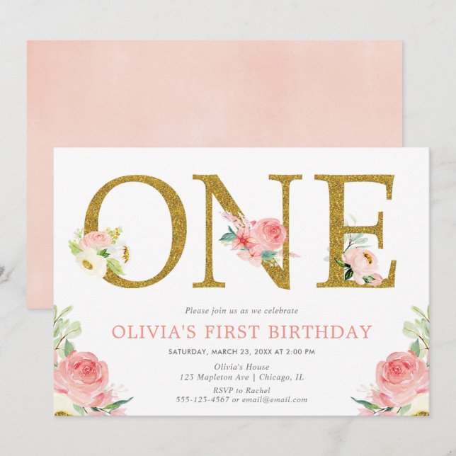 Invitation Fille 1er anniversaire bleu rose et or floral (Devant / Derrière)