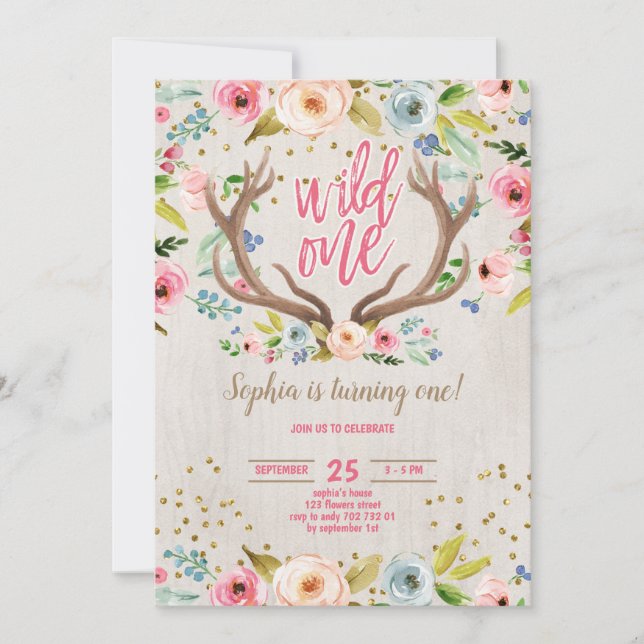 Invitation Fille 1er Anniversaire Cerf Antlers Rustique Wild  (Devant)