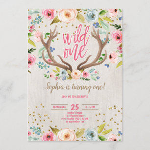 Invitation Fille 1er Anniversaire Cerf Antlers Rustique Wild 