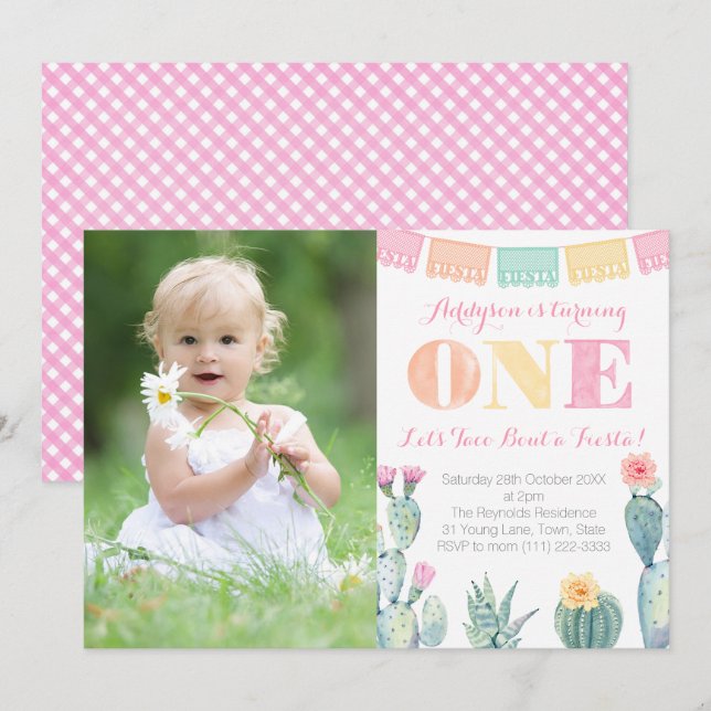 Invitation Fille 1er anniversaire fête mexicaine Fiesta Photo (Devant / Derrière)