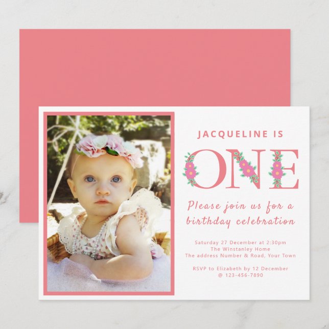 Invitation Fille 1er anniversaire fête photo rose (Devant / Derrière)