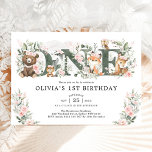 Invitation Fille 1er anniversaire Fleurs roses forestières<br><div class="desc">Cette élégante invitation pour 1er anniversaire présente de douces fleurs rose blush aquarelle,  des feuilles d'eucalyptus vert sauge,  des animaux de forêt adorables et des lettrages modernes. Parfait pour le premier anniversaire d'une fille !</div>