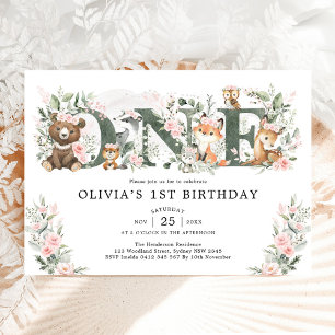 Invitation Fille 1er anniversaire Fleurs roses forestières