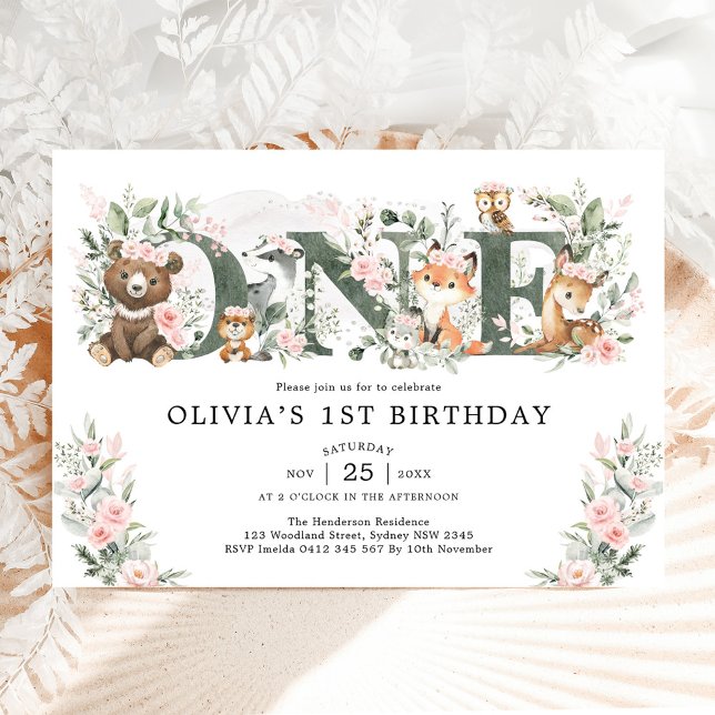 Invitation Fille 1er anniversaire Fleurs roses forestières (Créateur téléchargé)