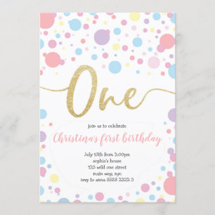 Invitation Fille 1er anniversaire Pastel Dots Arc-en-ciel Con