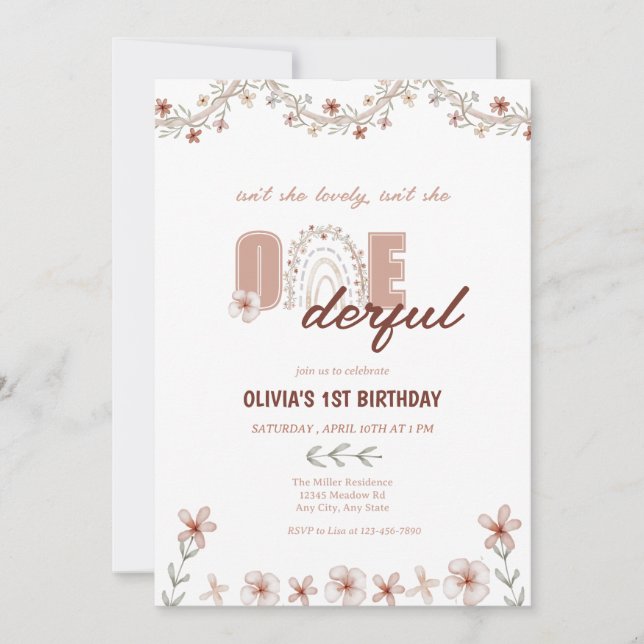 Invitation Fille 1er anniversaire | Rainbow Boho (Devant)