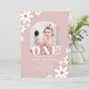 Invitation Fille 1er Anniversaire Rétro Groovy Daisy Boho pho