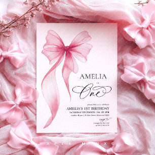 Invitation Fille 1er anniversaire rose bow coquette
