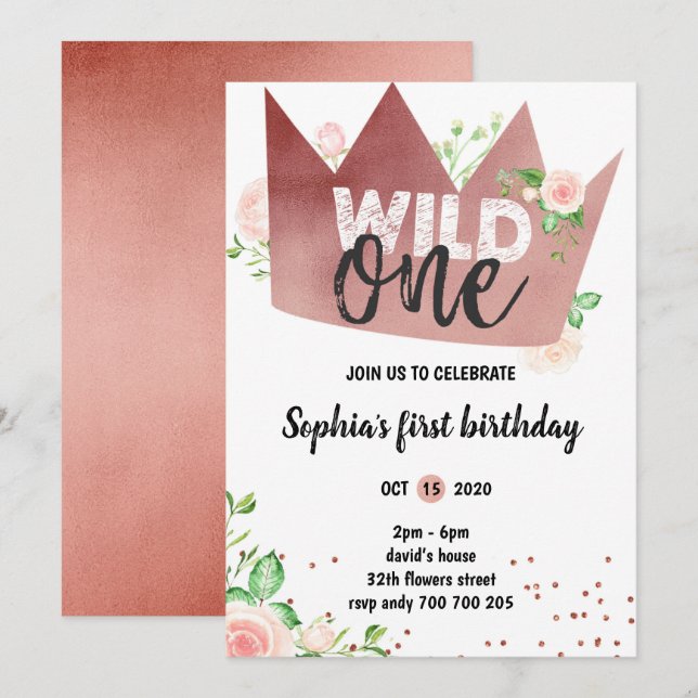 Invitation Fille 1er anniversaire WILD UN Rose Gold Foil Crow (Devant / Derrière)