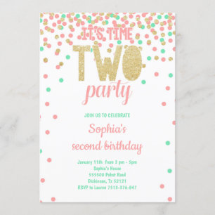 Invitation Fille 2 Anniversaire DEUX FÊTES Confetti rose Turq
