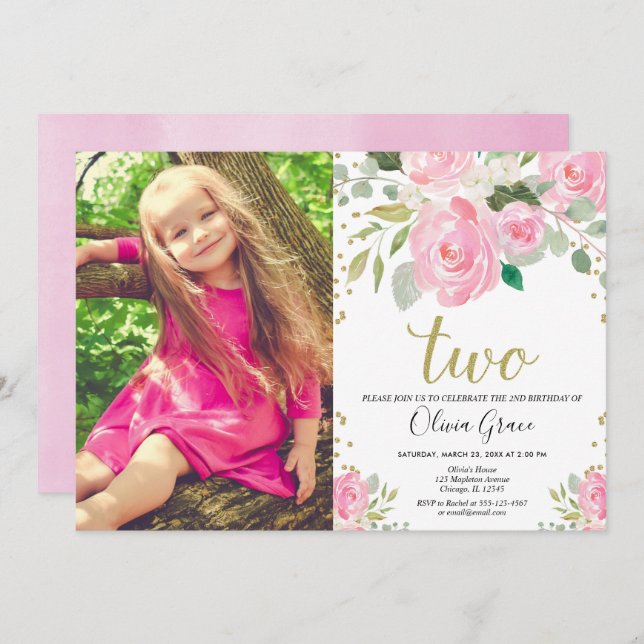 Invitation Fille 2e anniversaire blush or rose floral élégant (Devant / Derrière)