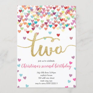 Invitation Fille 2e Anniversaire Coeurs Confetti Rainbow Part