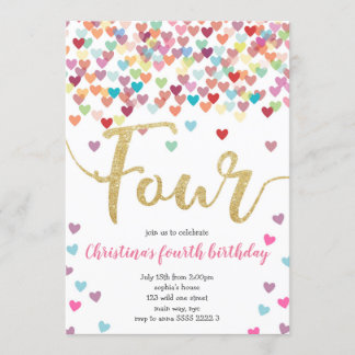 Invitation Fille 4e Anniversaire Coeurs Confetti Rainbow Part