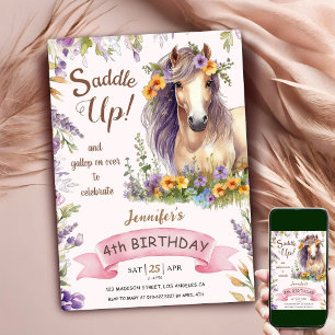 Invitation Fille 4ème Anniversaire Cheval Fleur Violet Saddle